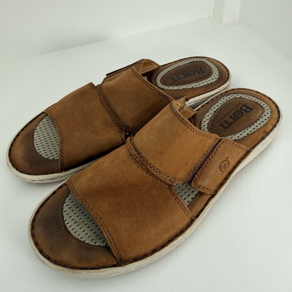BORN Flores Mens Brown Leather Slide Sandals Tru Opanka Comfort KHELC21 Size 13